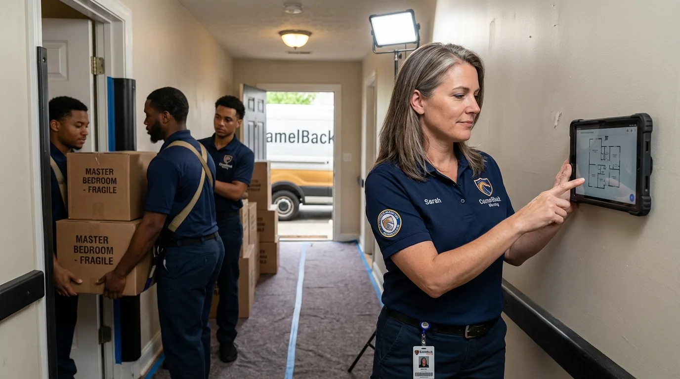 Lead supervisor directing crew through narrow hallway during white-glove senior packing operation