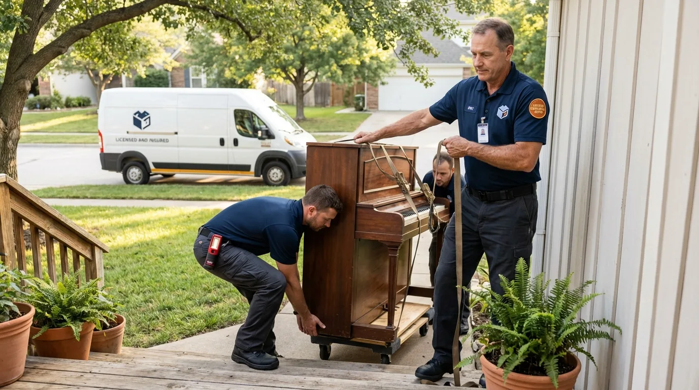 Licensed piano movers securing grand piano in River Falls, WI