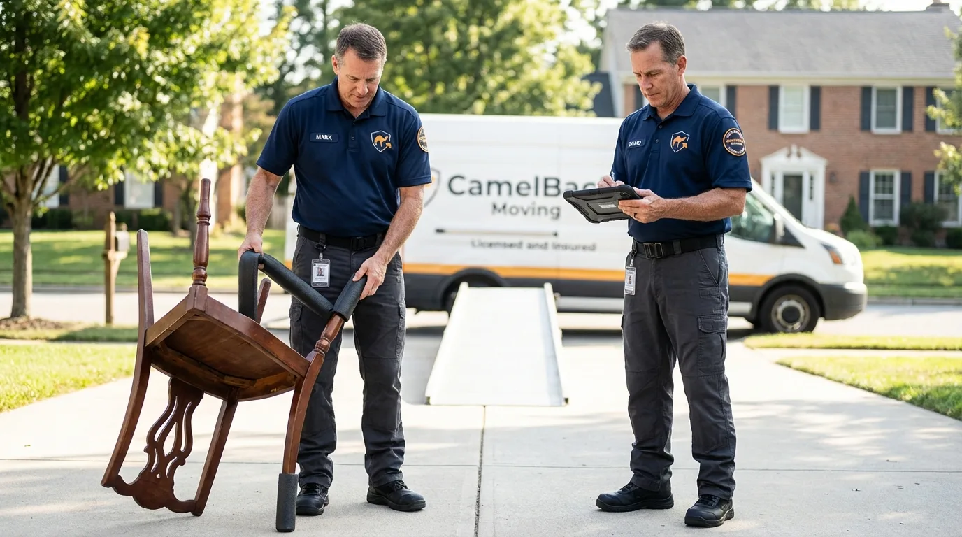 Movers inspecting furniture for damage prevention before loading in River Falls, WI