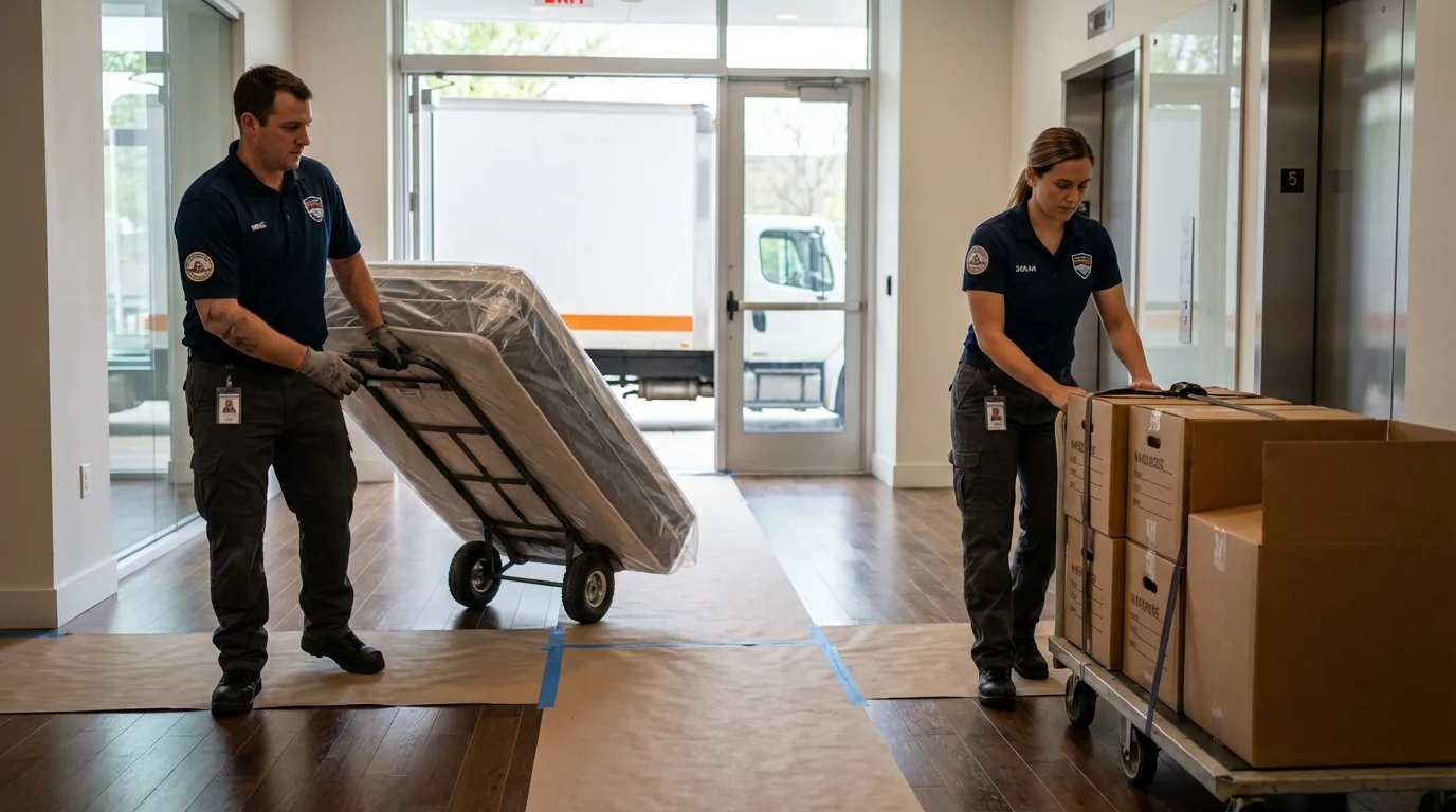 Professional apartment movers loading elevator in River Falls, WI
