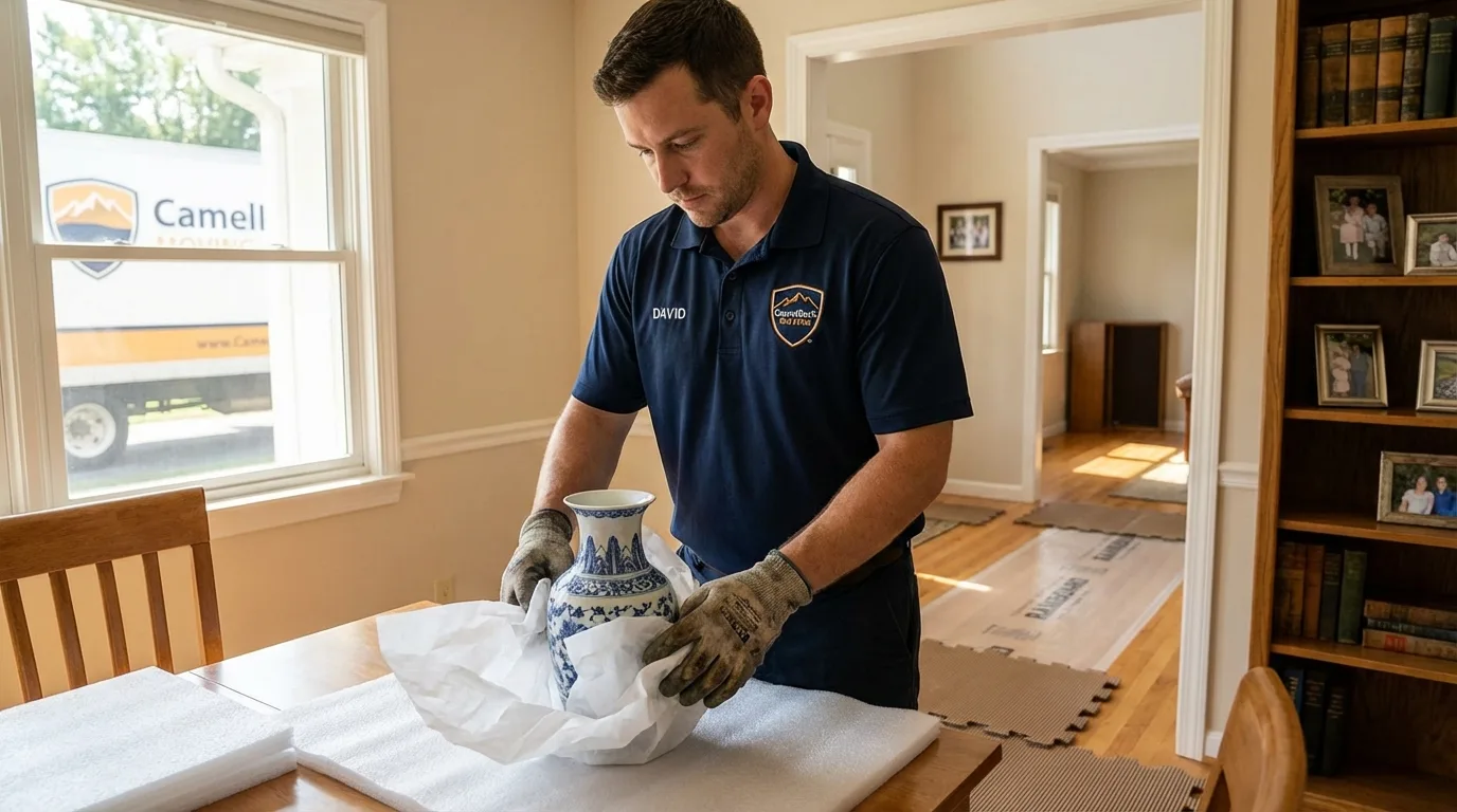 Professional crew carefully wrapping antique vase for senior downsizing move in River Falls, WI